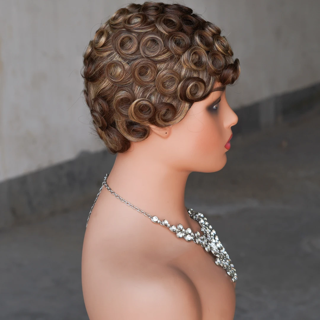 Farbe P427 Echthaar Lockige Pixie-Cut Kurzhaarperücken für Frauen 150% Dichte 6 Zoll Remy-Haar Vollständig maschinell gefertigte Perücken – Detail 10