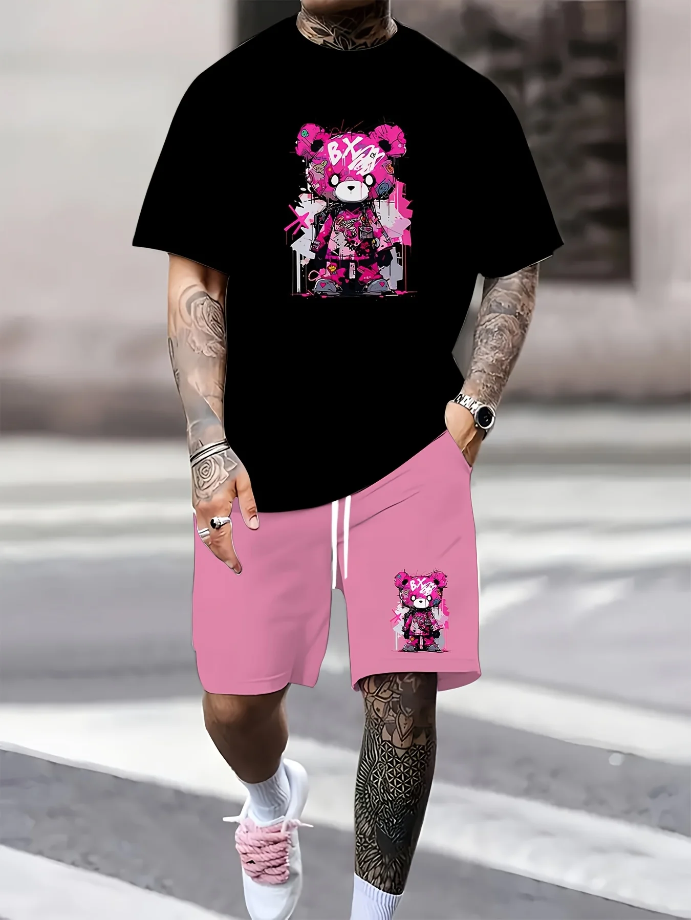 

The new men's set for summer 2025 is a casual fashionable soft comfortable and breathable 3D bear pattern print