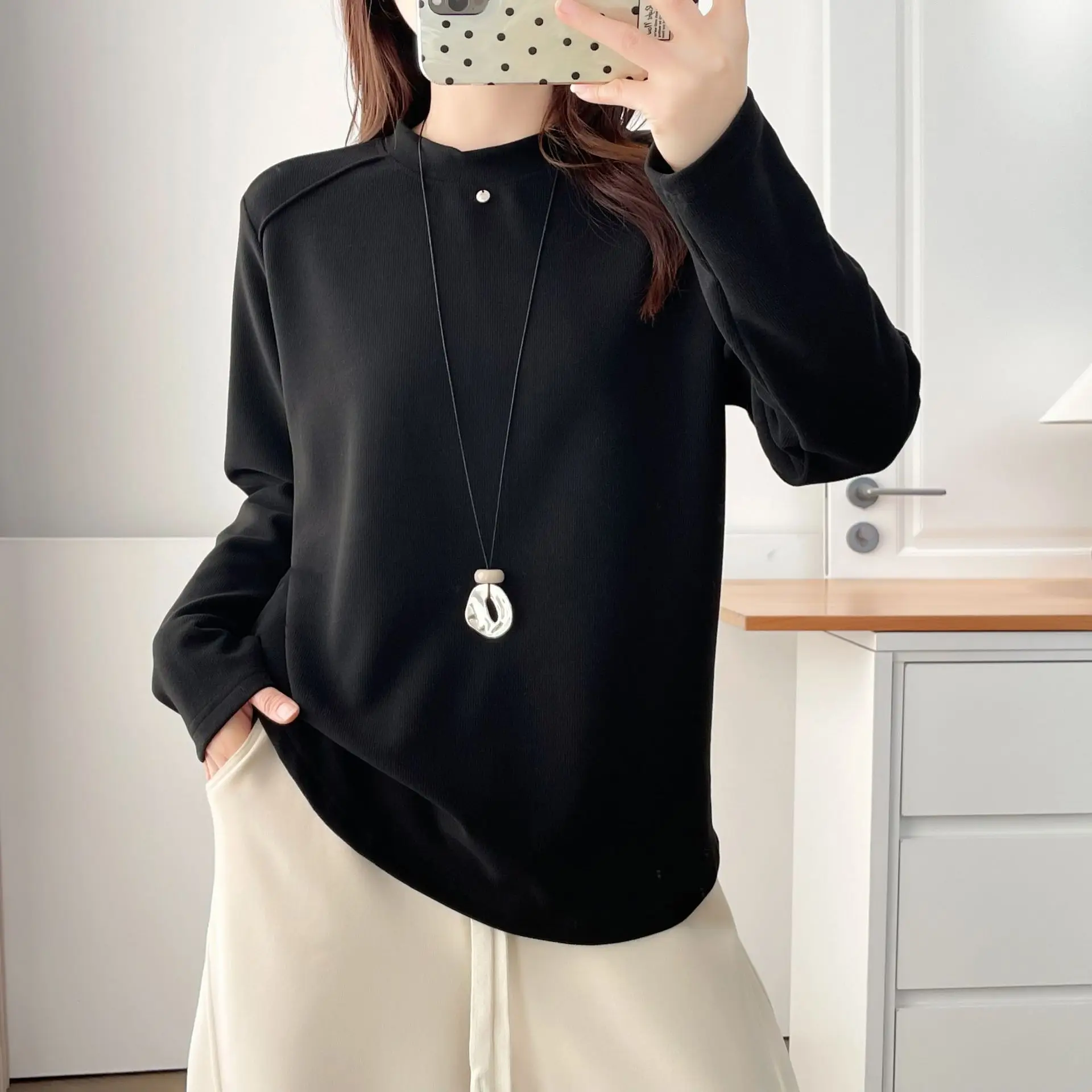 

Простые однотонные утепленные топы с начесом и длинными рукавами, модная женская одежда больших размеров, футболка осень/зима 2025, повседневная