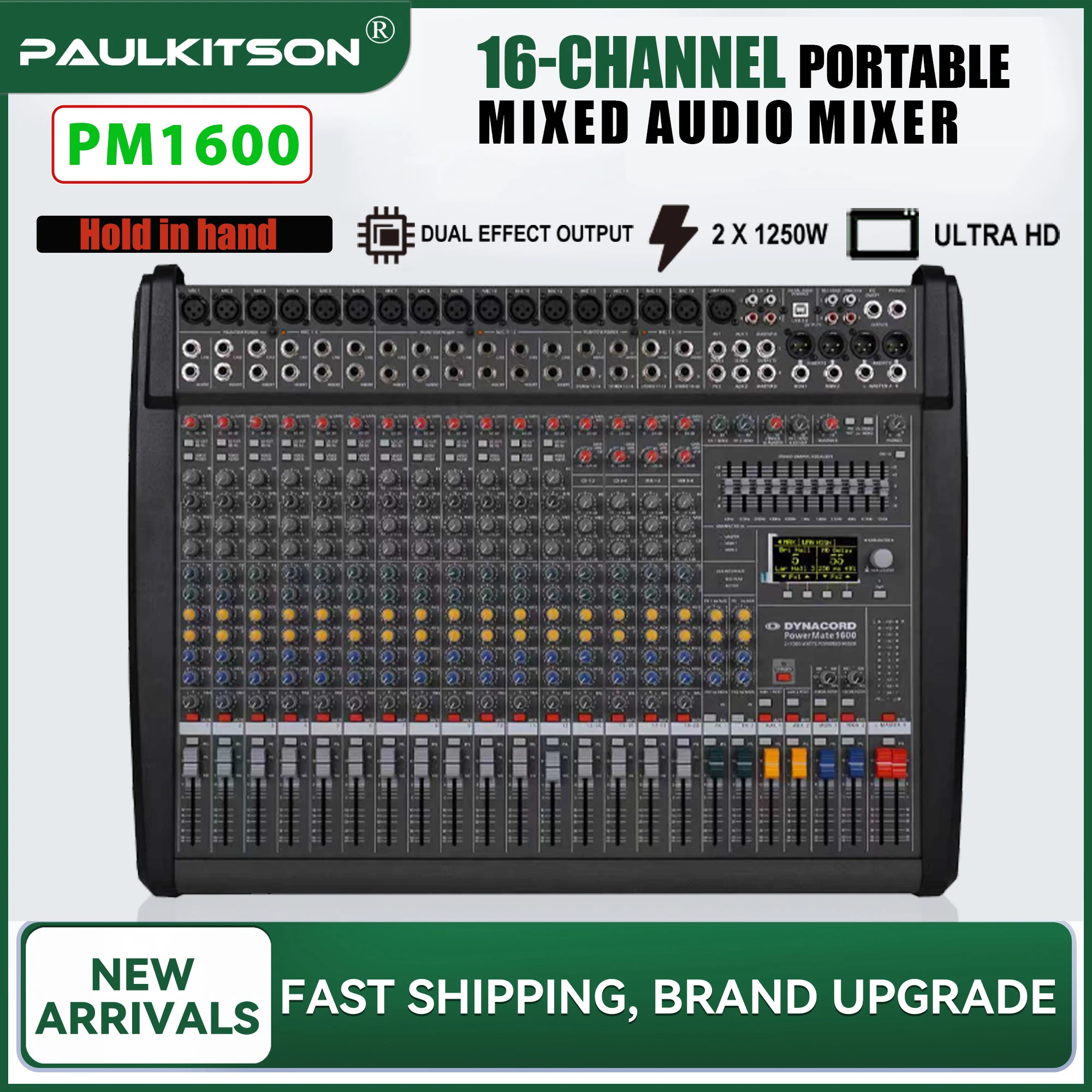 Paulkitson Powermate1600-3 Mixer Professionelle Mischkonsole 2×1000W 4Ω Verstärker 48V Phantomspeisung, 99 Eingebaute Effekte für Live-Bühne
