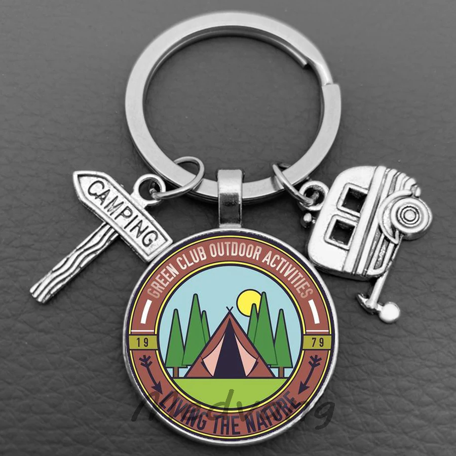 2024 Camping Adventure Logo Keychain RV Camping Site Glass Keychain Mountain Camping Enthusiasts Souvenir Bonfire Evening Gift