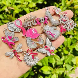 10Pcs/Lot Zircon Pave Charms Silver Plated Enamel Ribbon Breast Cancer Awareness Pendant for Jewelry Making Bracelet Necklace