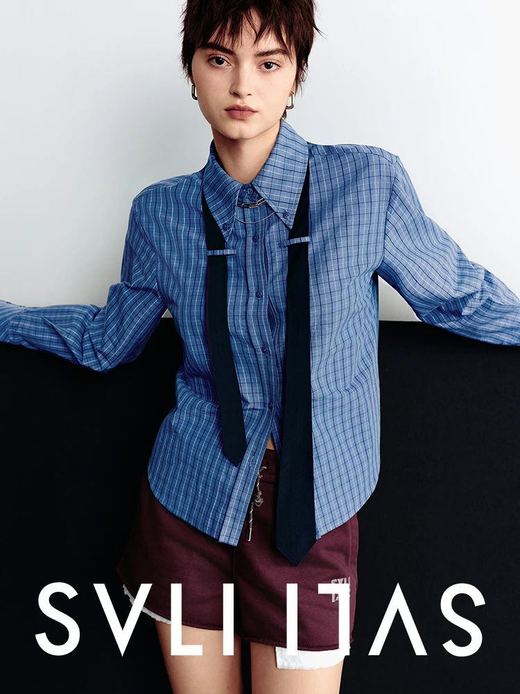 

SVLI Long Velvet Cotton Ele MU l Slight Wrinkle Tie Plaid irt Women's Loose Fit Breathable Comfortable Long Sve