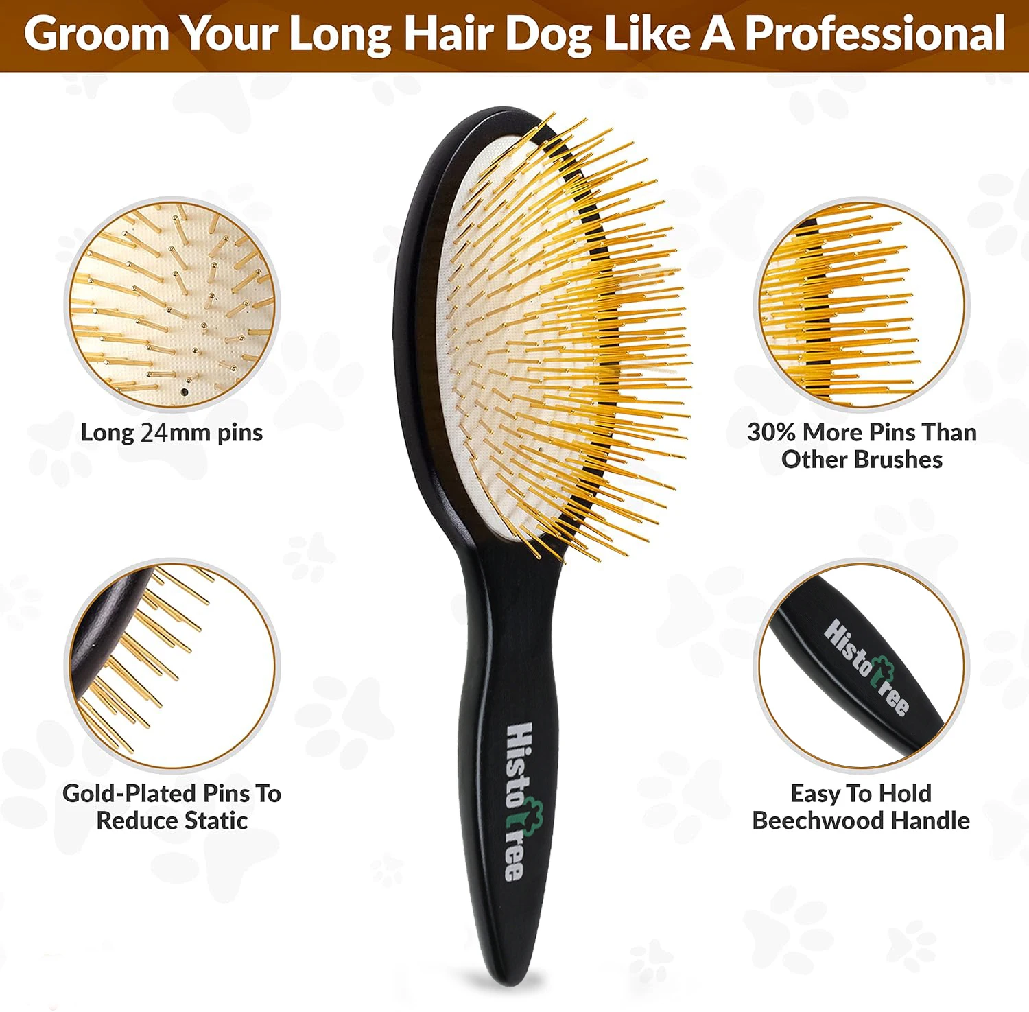 Pet Grooming Detangler Pin Dog Brush for Shedding & Removing Loose Fur, Lightweight Wood with Gold Plated Pins for Long Hair