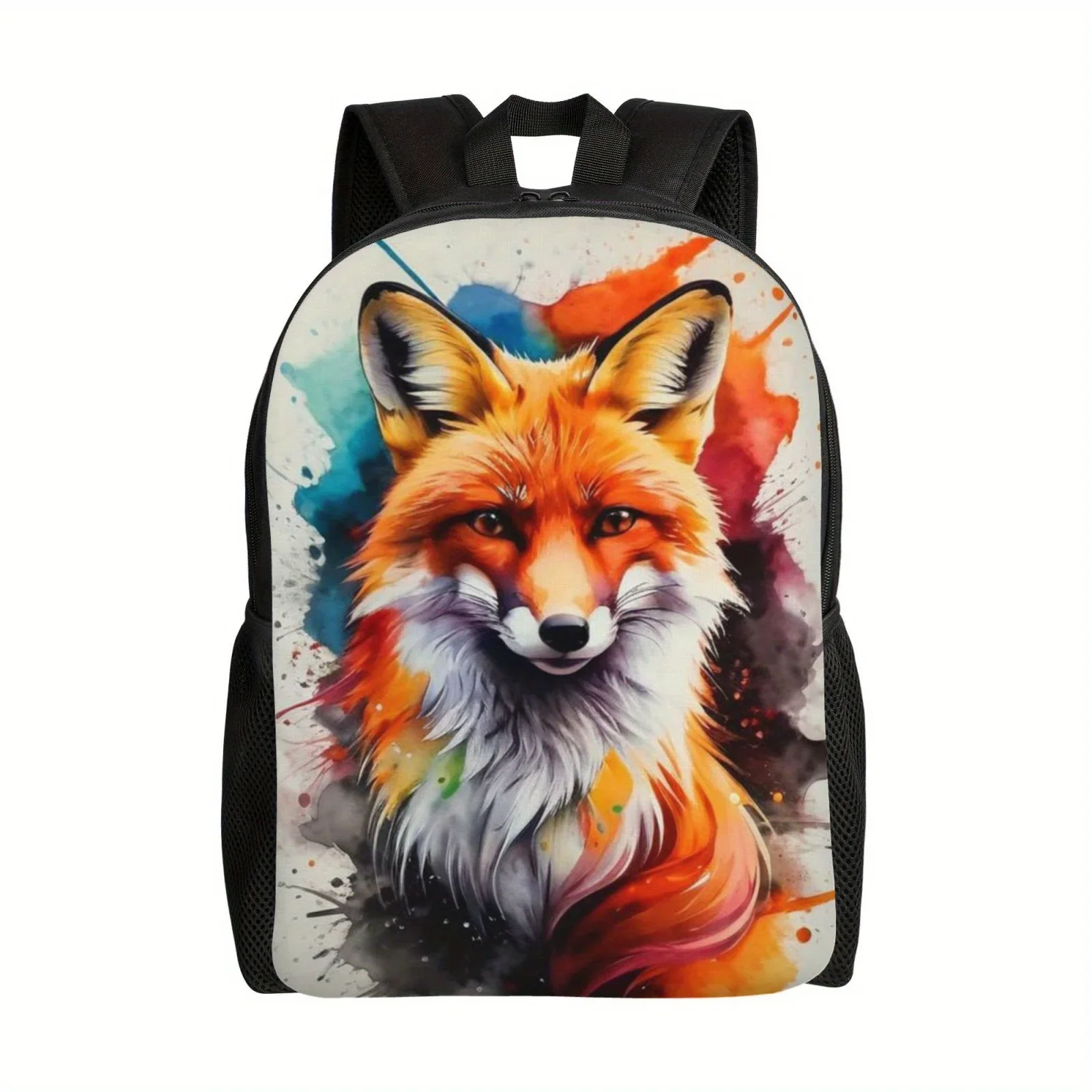 Large Capacity Watercolor Fox Casual Backpack - Lightweight, Adjustable Shoulder Bag with Polyester Lining and Zipper Closure