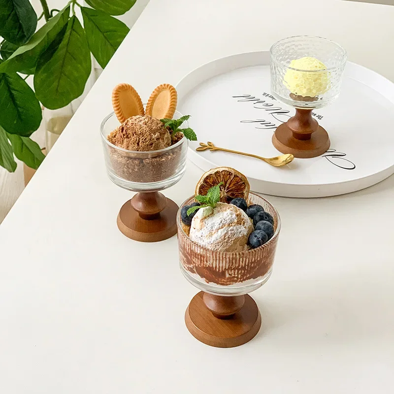 3pcs French Dessert Bowl, Wooden High Legged Glass Pudding Bowl, Home Kitchen, Snacks, Mousse and Ice Cream Cup, 200ml