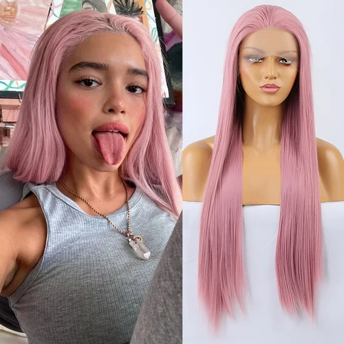 Imagen 1 del producto Peluca sintética larga y recta de color rosa Pastel, pelucas frontales de encaje liso de seda para mujer, peluca rosa claro, Cosplay, uso diario, calor Frontal
