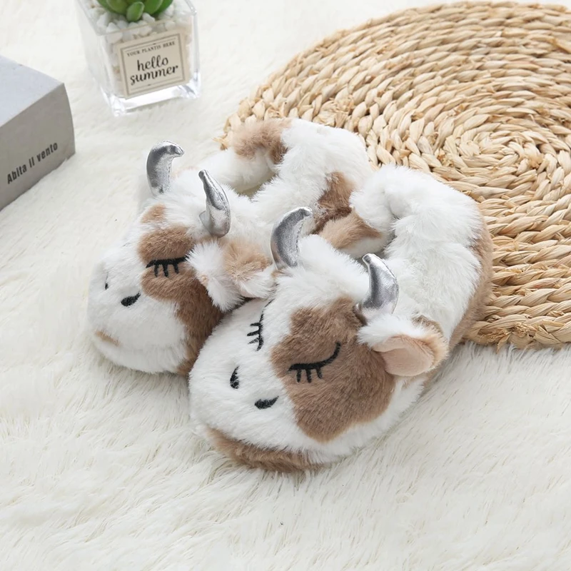 Fashion Toddler Boys Slippers for Winter Baby Loafers Plush Warm Cartoon Cows Rubber Sole Child Home Shoes Kids Indoor Footwear