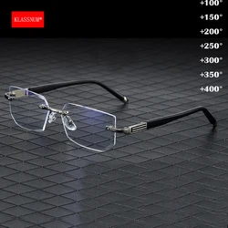 KLASSNUM Men Magnifing Reading Glasses Rimless Cut Edge Lens Presbyopic Glasses Anti Blue Light Presbyopia Clear Lens Glasses +