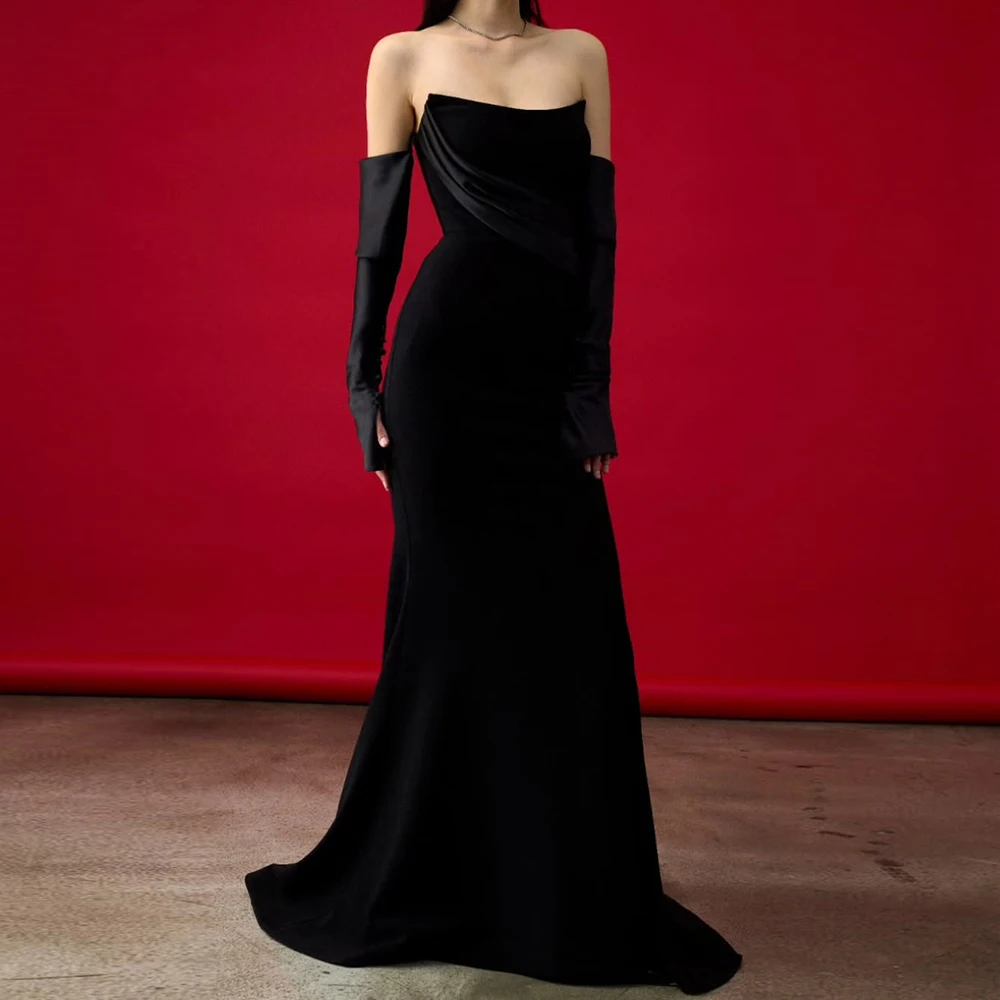 

Customized A-line Evening Dresses Floor-length Strapless Full Sleeve Prom Gown Simple Fashion Draped Pleat Backless Party Gown