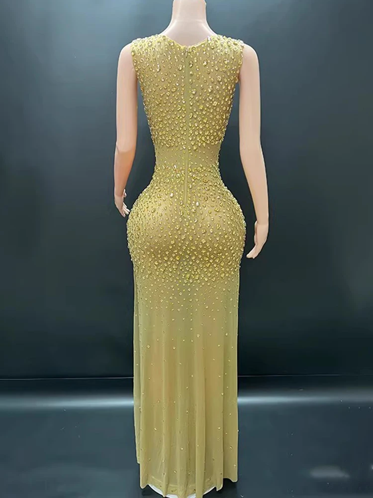 Vestido con abertura Sexy de malla elástica con diamantes de imitación de alta calidad, nueva ropa personalizada de moda para mujer 2024