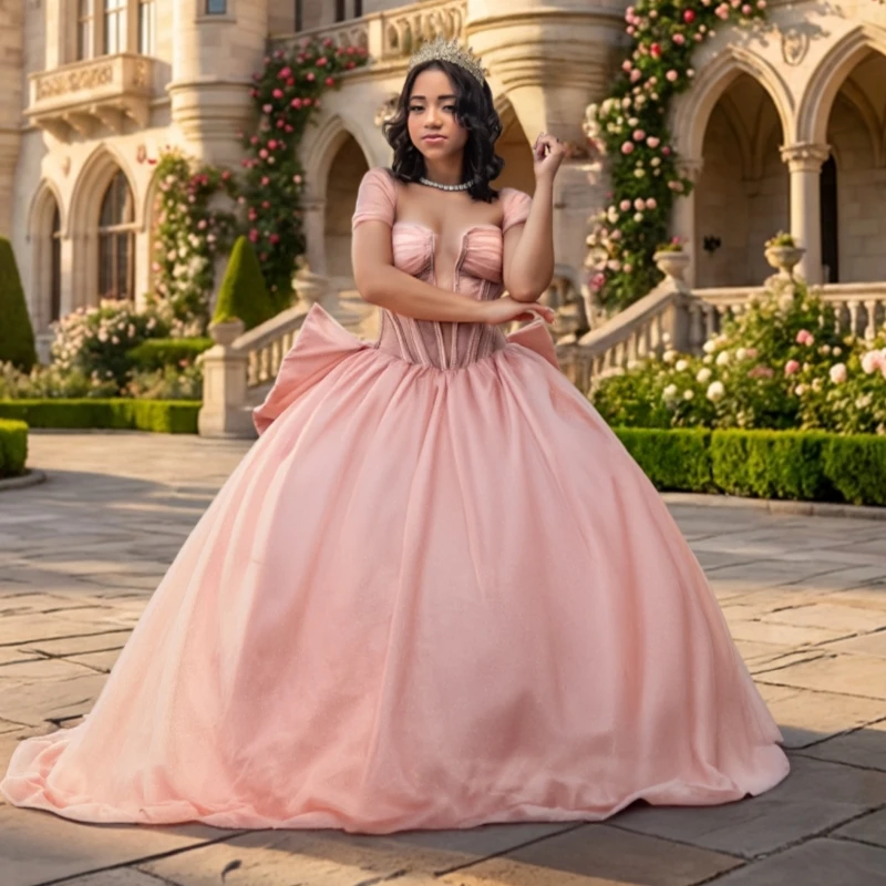 

Розовое блестящее бальное платье для Quinceañera 2026 с бисером, бантом, тюлем, корсетом и открытыми плечами, платье для Sweet 16, Vestidos De 15 Anos