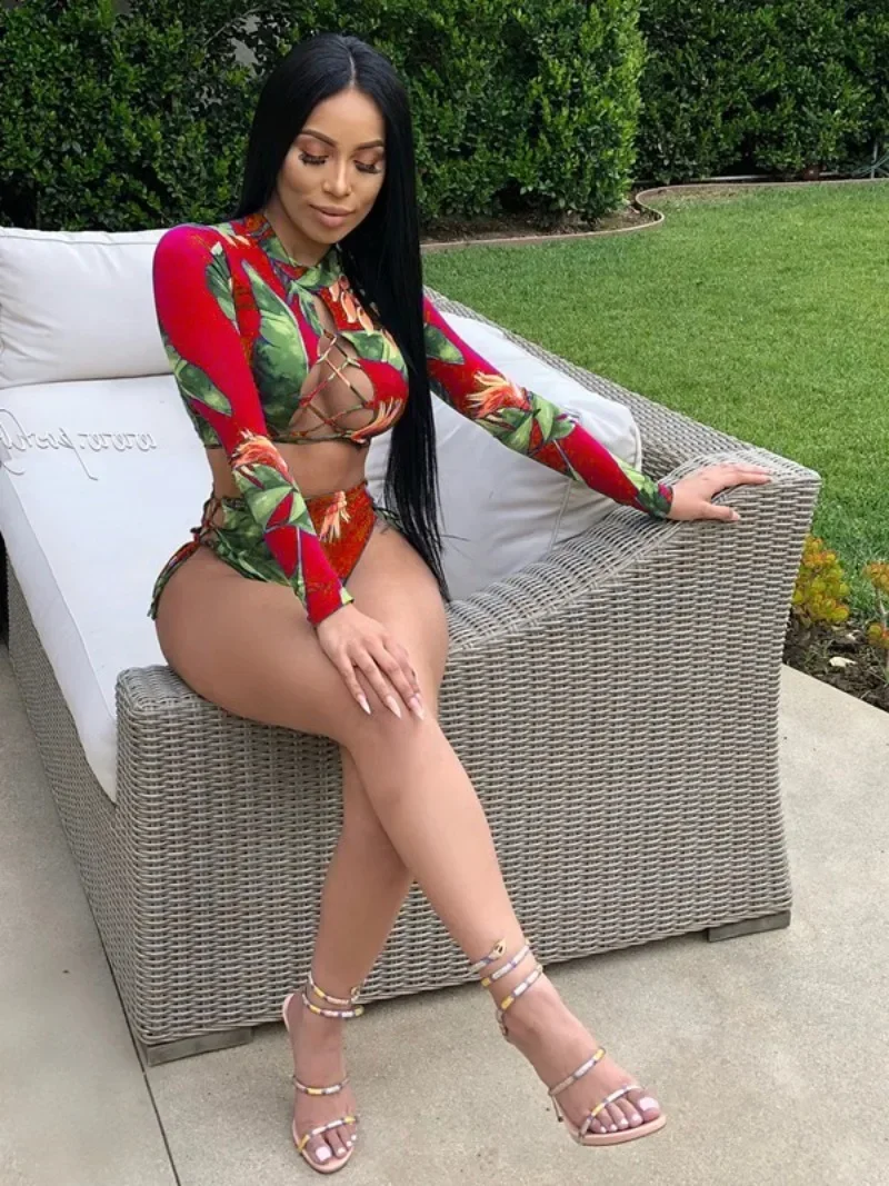

GUWU Women Fashion Print Long Sleeve Lace-up Top + Boddysuits Two 2 Piece Set Bikinis Summer Beach Swimsuit Ouftis
