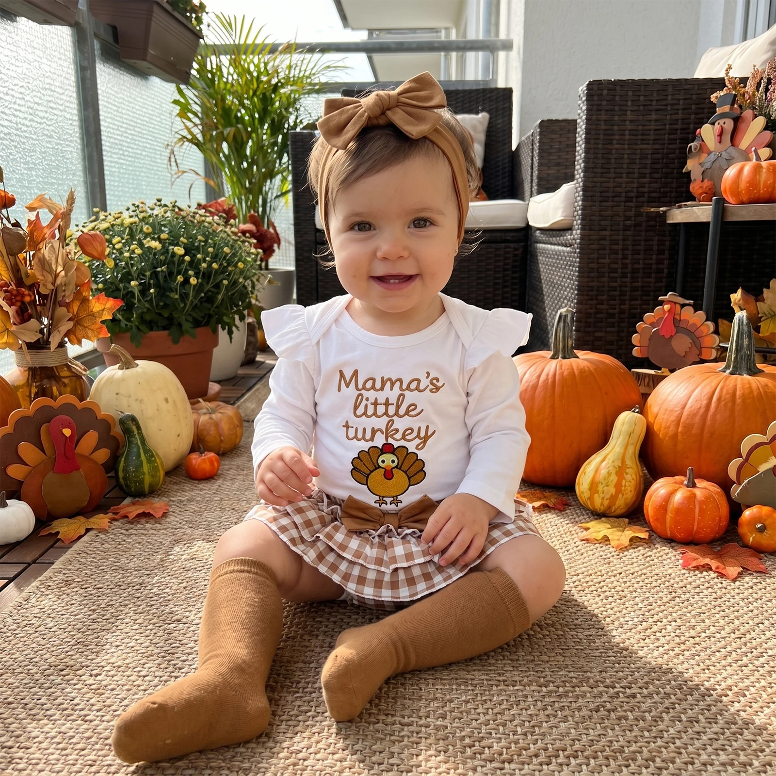 Baby Girl Thanksgiving Outfits Letter Croissant/Turkey Embroidery Romper Plaid Ruffles Shorts Headband Socks 4 Pieces Set