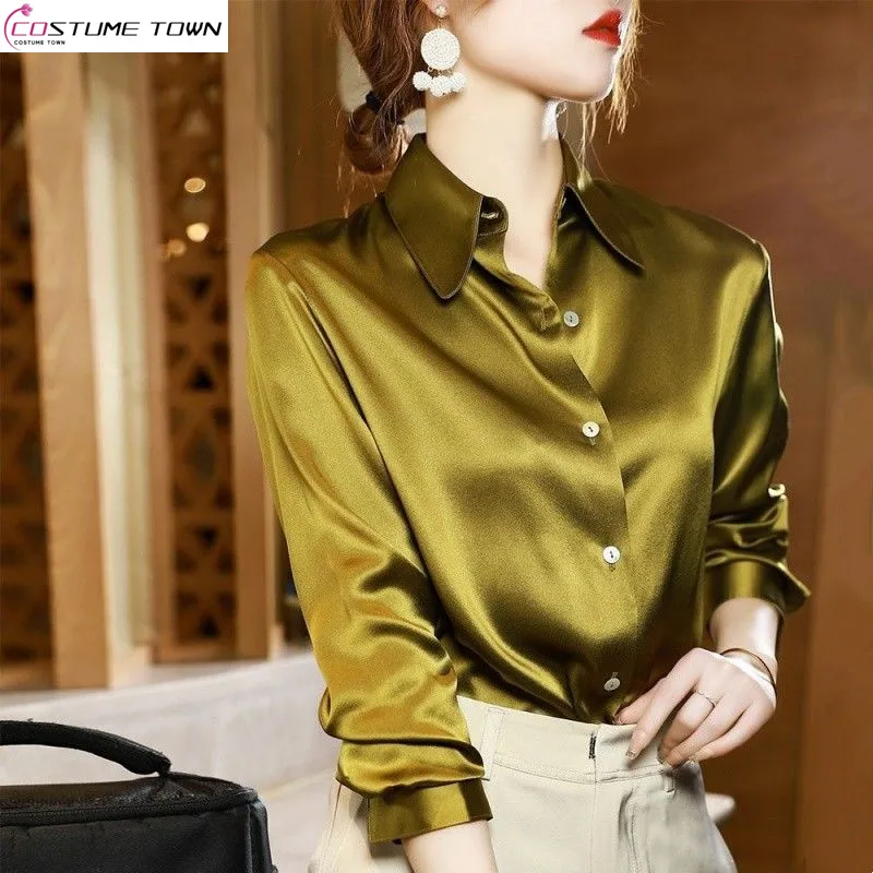 

2024 Spring/Summer New Light Luxury High end Shirt Imitation Silk Long Sleeve Loose Commuter Fashion Top Trend