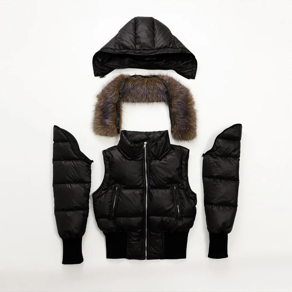 Women's Black Down Jacket with Detachable Sleeves Real Fox Fur Collar  Waist-cinched Design  Filled with 90% White Duck Down