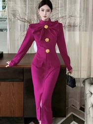 Korea Retro Elegant Bow Stand Collar Single Breasted Dress A-line Long Sleeve Casual High Waist Dress Women Spring Autumn Dress