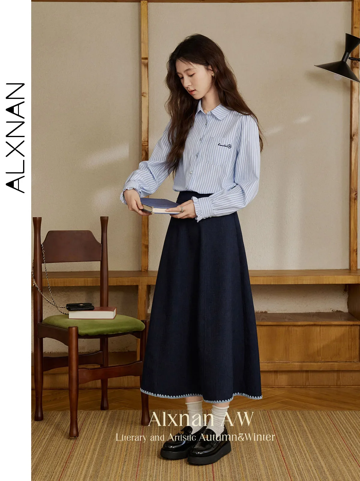 ALXNAN Women's Preppy Stripe Shirts Simple Lapel Collar Long Sleeve Letter Embroidery 2024 Autumn Winter Lady Casual Tops L39670