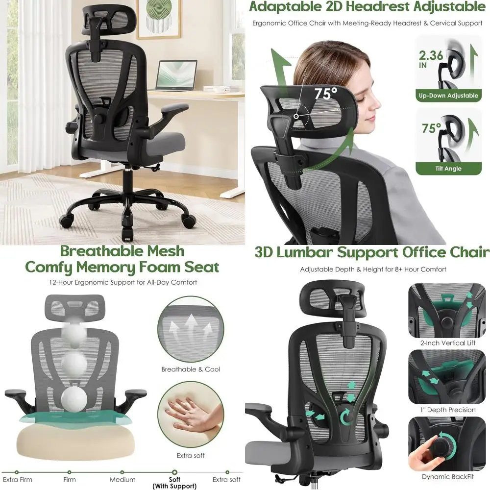 

Эргономичное сетчатое офисное кресло с высокой спинкой, подголовником, поясничной опорой, откидными подлокотниками, поворотными и колесами для дома и офиса -