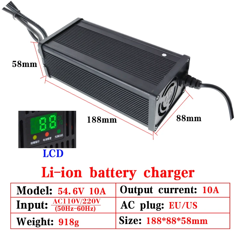 Nowa ładowarka litowa 54,6 V 67,2 V 84 V 10 A z aluminiową obudową i wyświetlaczem LCD do akumulatorów litowo-jonowych 13S 16S 20S 48V 60V 72V