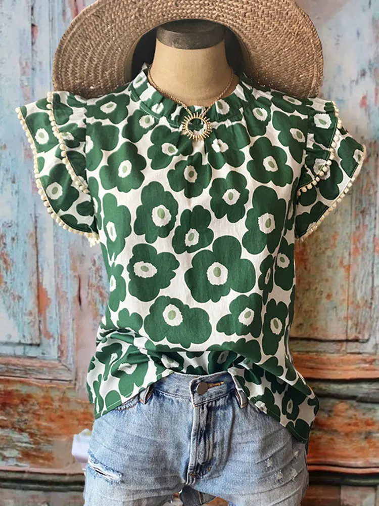 Tops de manga corta abullonados para mujer, blusas informales con ojales, blusas elegantes con cuello en V de verano