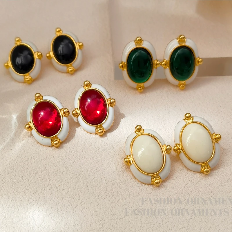 Retro Jewelry Elegant Temperament Green Resin Earrings For Women Gift Vintage Style Big Oval Ear Accessores