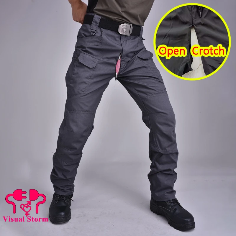 

Men's Open Crotch Durable Cargo Pants 6XL Solid Color Leggings Multi-pockets Crotchless Sportswear for Outdoor Trainning Hiking