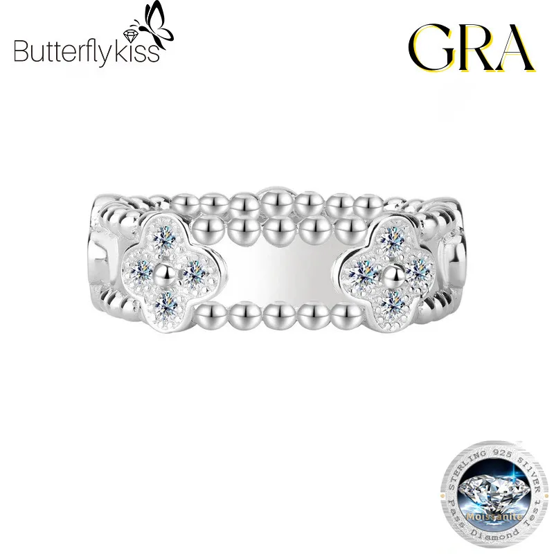 

Butterflykiss Elegant Women's Wide Band Ring S925 Sterling Silver Full Moissanite Exquisite Plum Blossom Inlay Luxury Jewelry