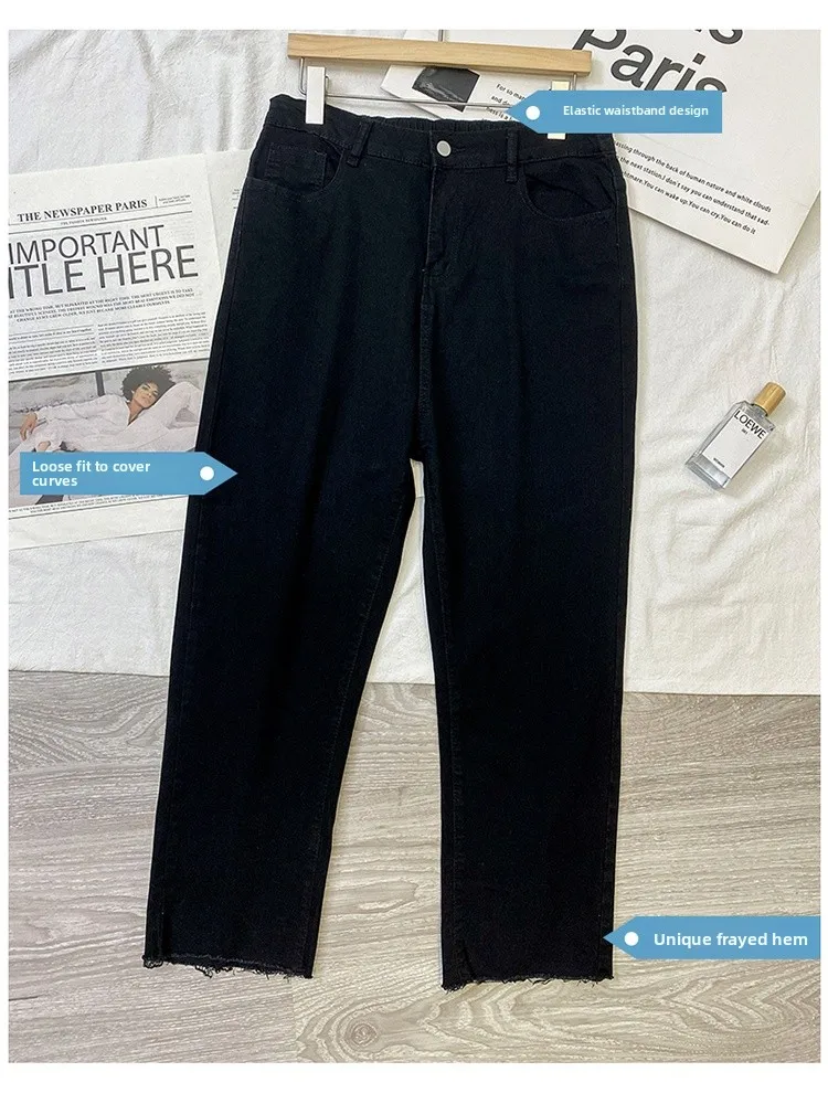 

High Waist Loose Fit Straight Leg Jeans Women's plus Size Denim Pants Bla Frayed Hem High Elastici Summer Wear for Ladies