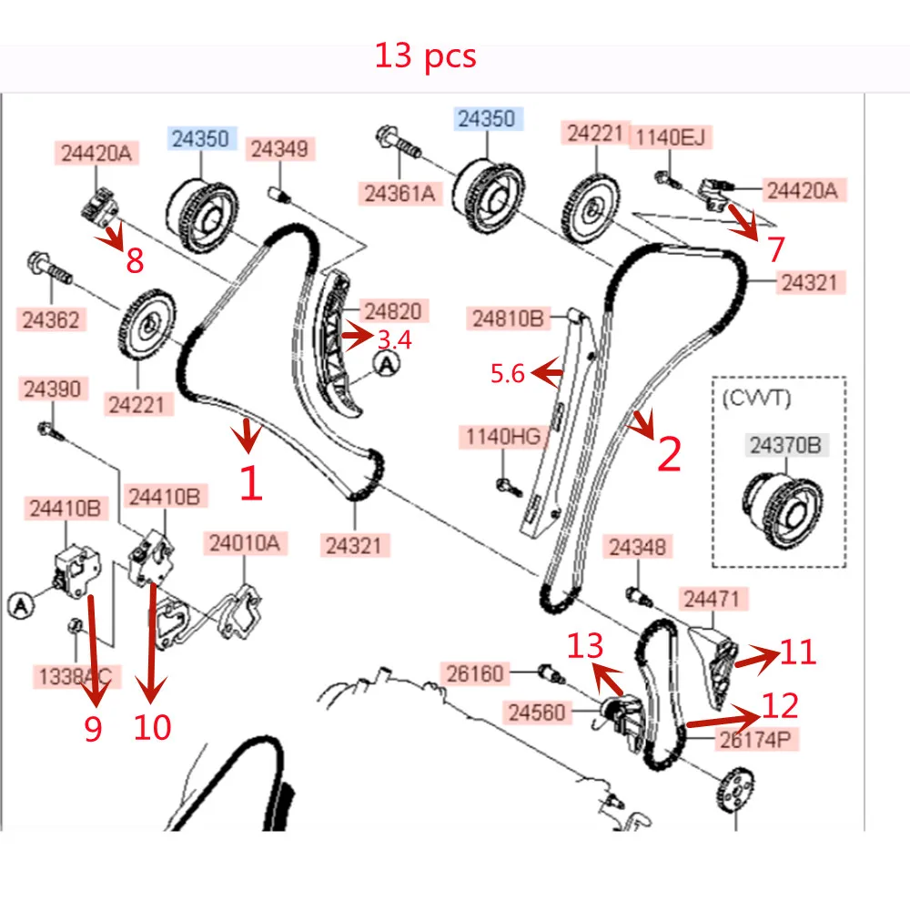 13pcs Genuine Full Timing Chain Kit 13pcs For Hyundai  AZERA 3.3L V6 Veracruz IX55 3.8 V6  243123C100 244103C300