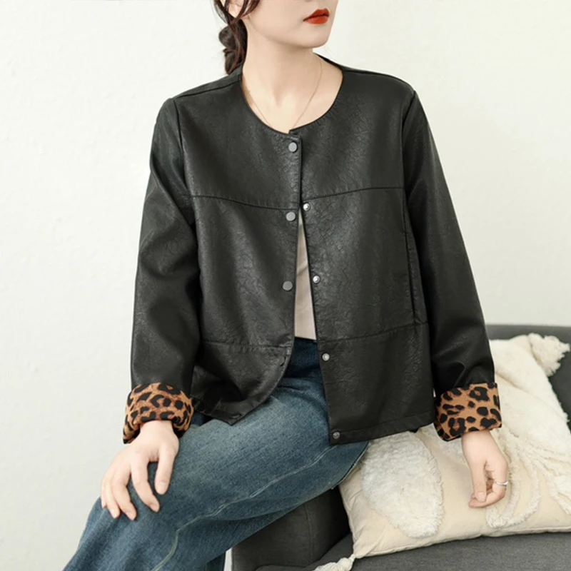 Masss Wasss Autumn Ladies Classic Loose Vintage O Neck Leopard PU Jackets Womens Fashion Faux Leather Coats Leisure Windbreakers
