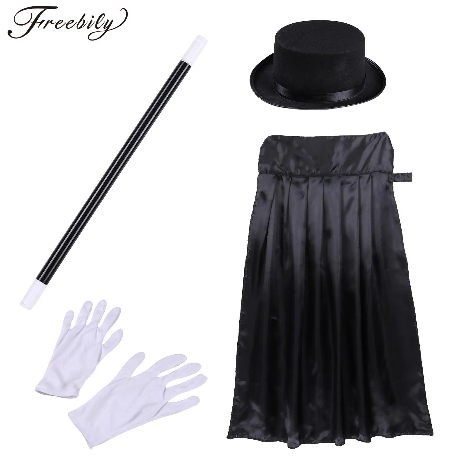 Kids Magician Role Play Cosplay Costumes Outfit Set Halloween Magician Dress Up Top Hat Magic Cape Magic Wand White Gloves