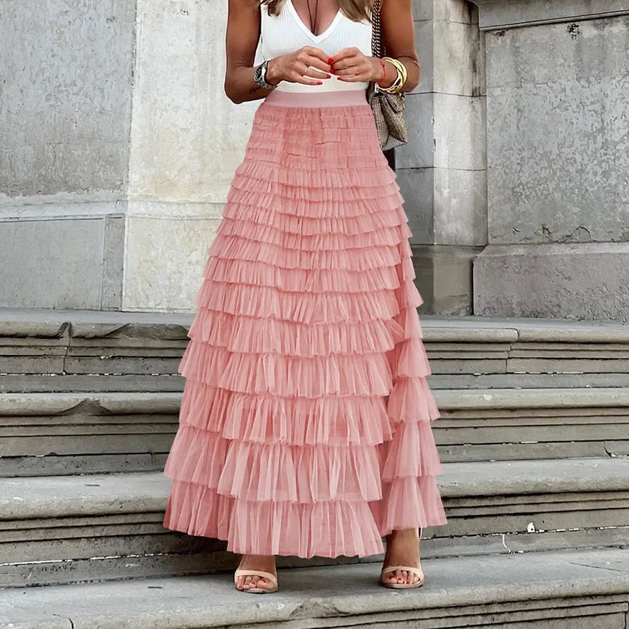 Women Mesh See Though Ruffles Big Swing Maxi Skirt 2024 Summer Cute Beach Holiday Female Street Sexy Party Long Skirts