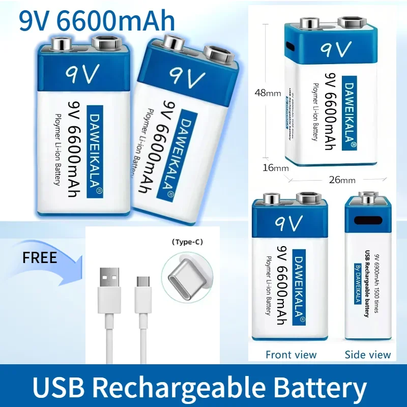 top9V 6600mAh Li-ion Rechargeable Battery USB Type-C for Multimeter Microphone Toy Remote Control 9V Lithium Battery Fast Chargi