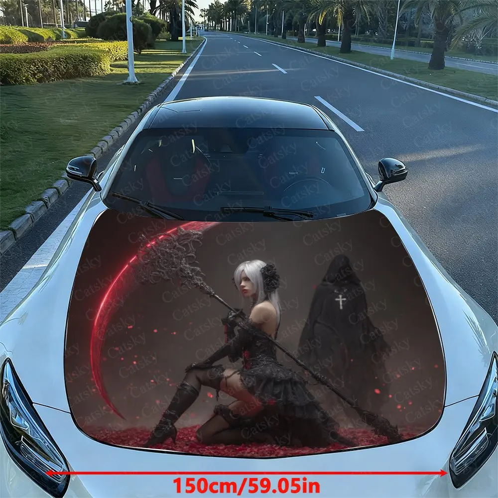 Red Scythe And Silver-Haired Girl Car Hood Film, Hood Decoration Sticker, Truck Hood Film, Domineering Appearance, Advanced Adhe