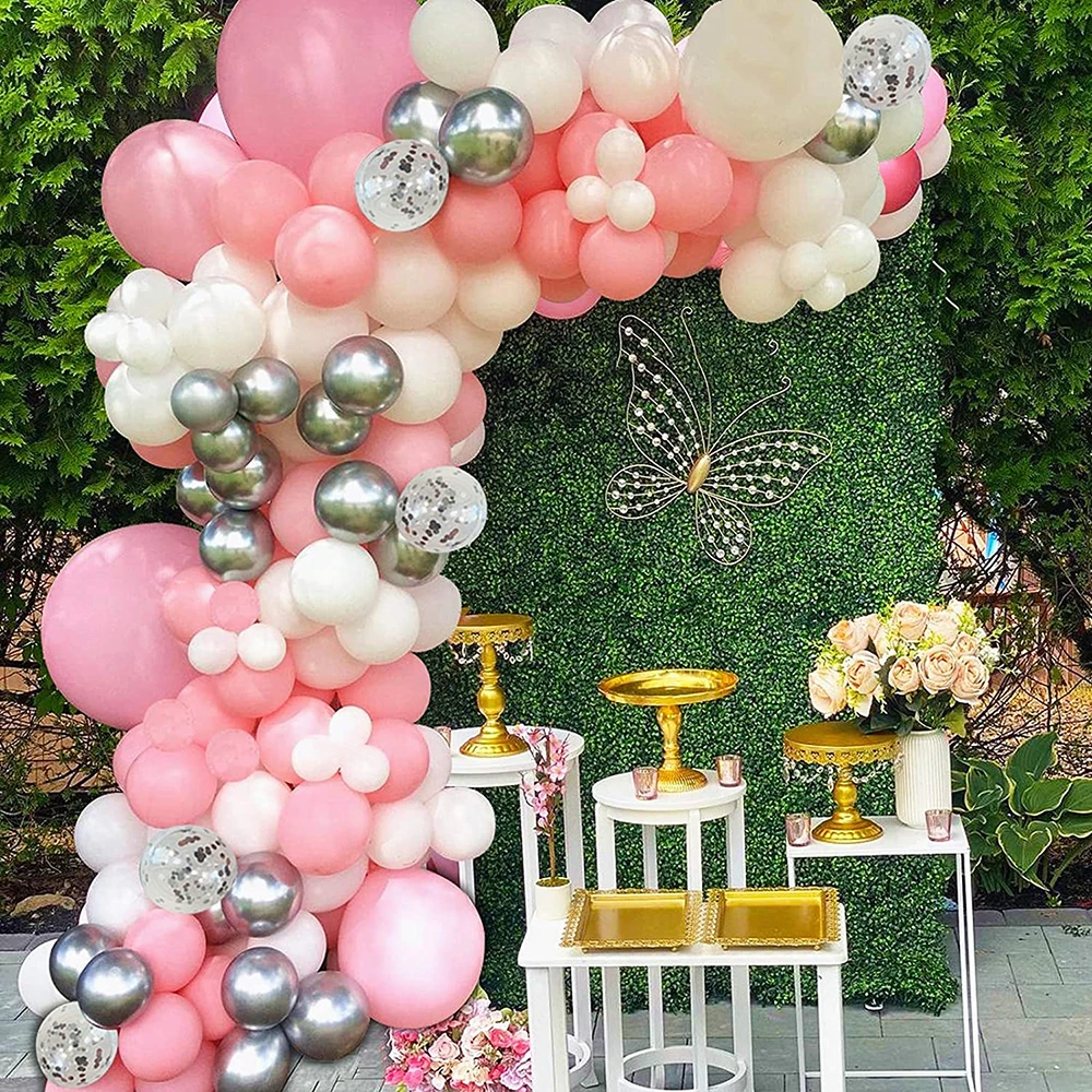 99Pcs Pink Latex Balloon Garland Arch Kit with Silver Metallic Confetti Retro Balloons for Party Wedding Birthday Baby Shower