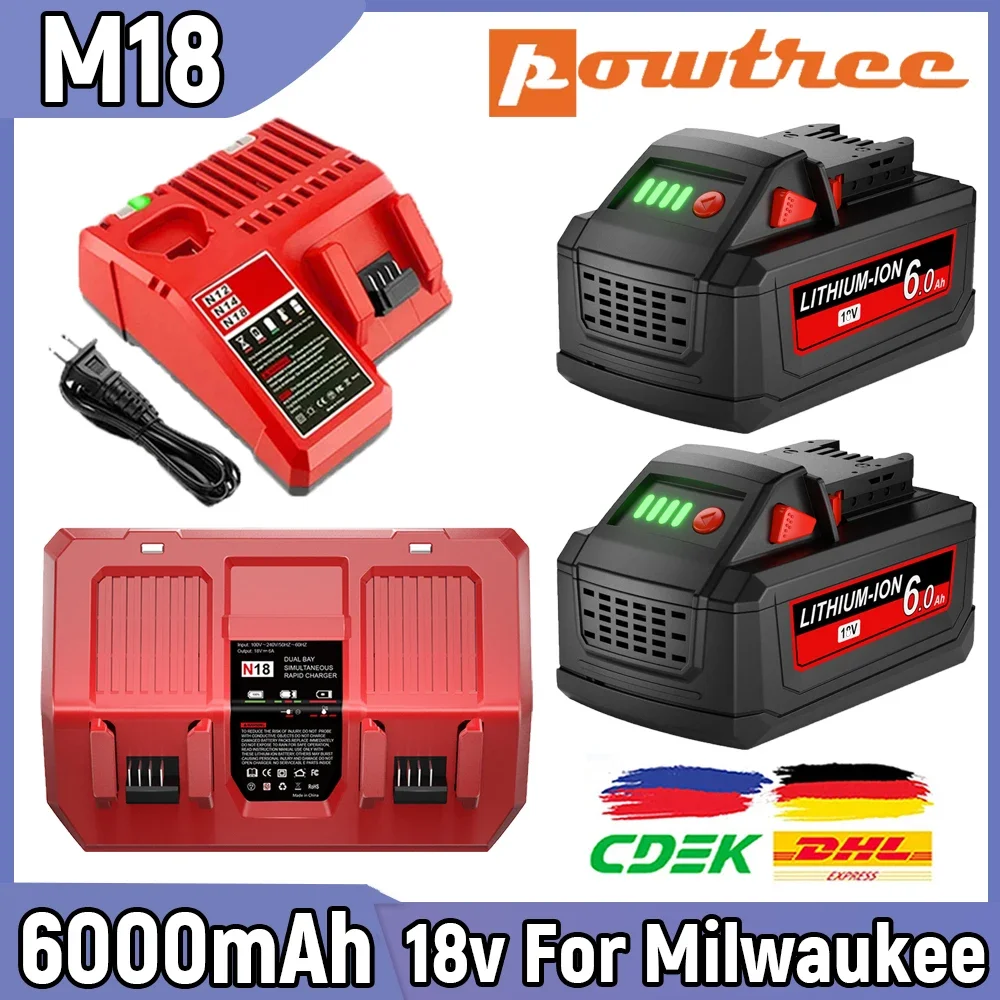 Image of Für Milwaukee M18 18V 6000mAh Li-Ionen-Ersatzakku M18B5-XC Für Milwaukee 18V Werkzeug 6,0Ah Wiederaufladbarer Akku Doppelladegerät