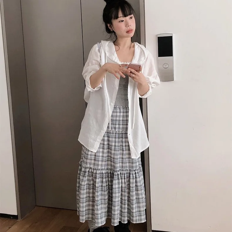 

East Gate 32 Long Sve irt with Hood Thin Design + Plaid Splicing Skirt Women's Casual High Waist Cotton A-Line Skirt