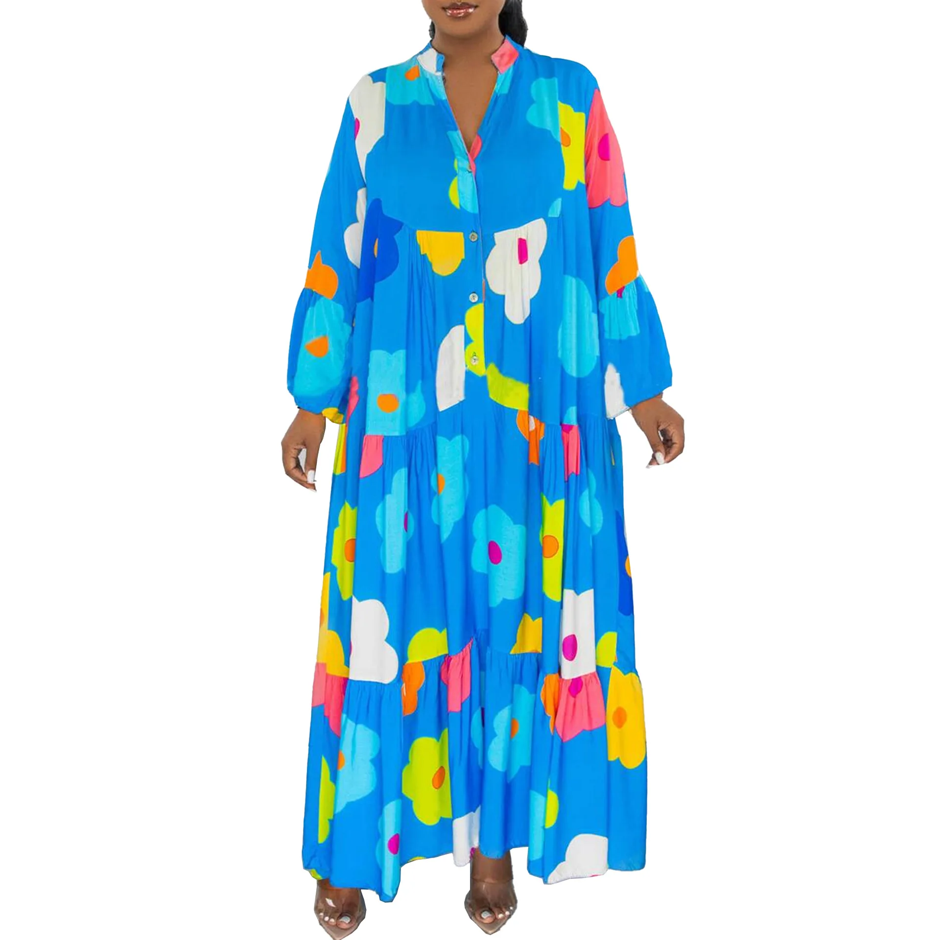 Robes Africaines Élégantes pour Femmes Printemps Automne Femmes Africaines À Manches sulfCol En V Polyester Imprimé Maxi Robe Afrique Vêtements S-3XL