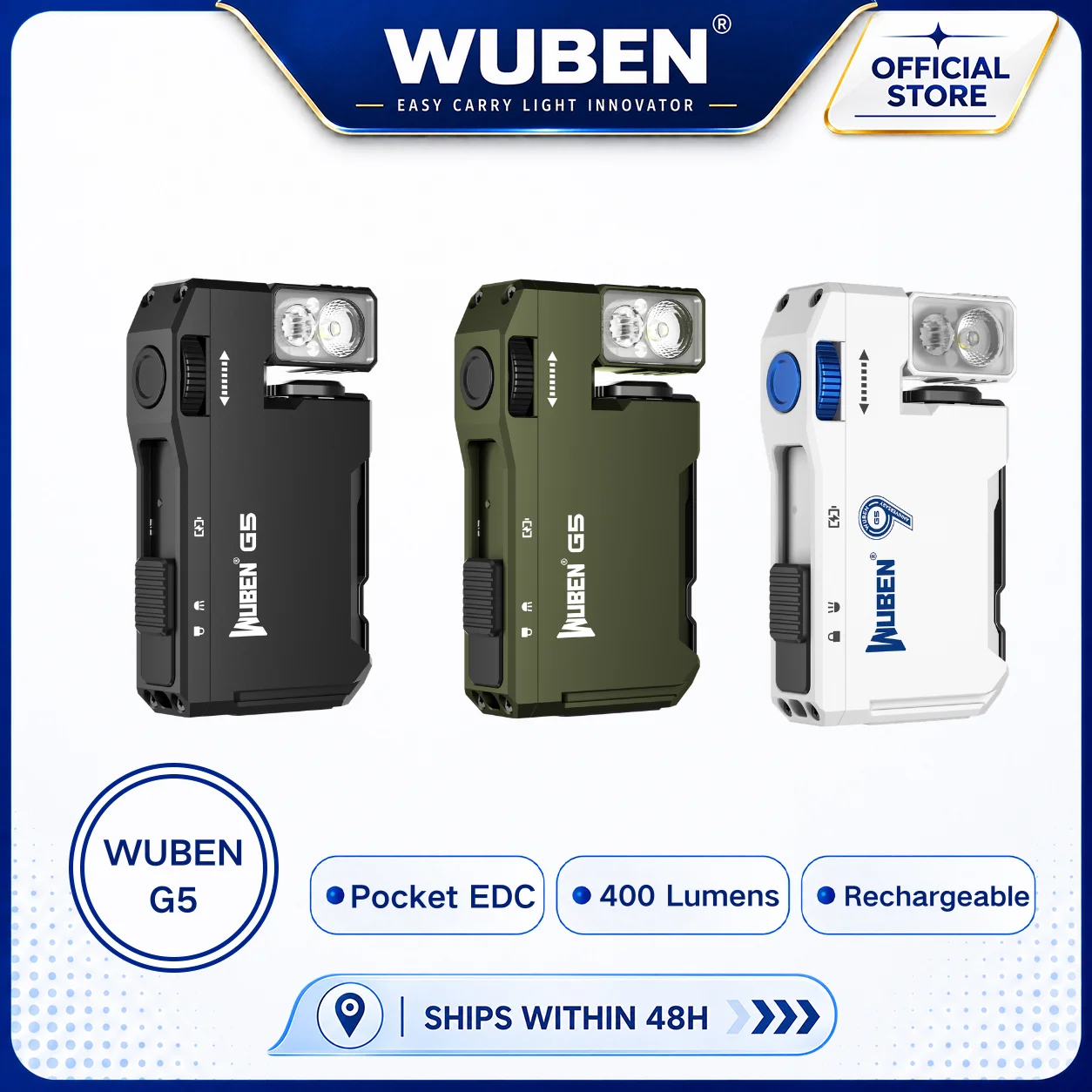 WUBEN G5 Wiederaufladbare EDC-Taschenlampe, 400 Lumen Duale Lichtquellen Mini-Taschenlampe mit RGB-Licht, Tragbare Taschen-Taschenlampe