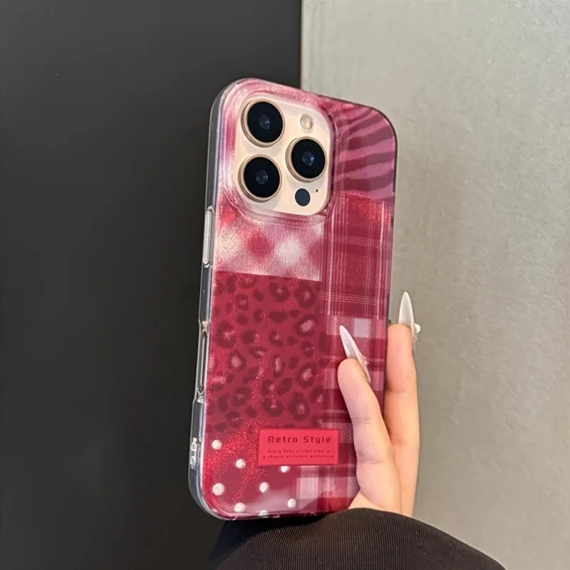 Cherry Red Leopard Print Stitching Clear Phone Case For iPhone 11 12 13 14 15 16 Pro Max XS XR X 7 8 Plus Silicone Soft Cover