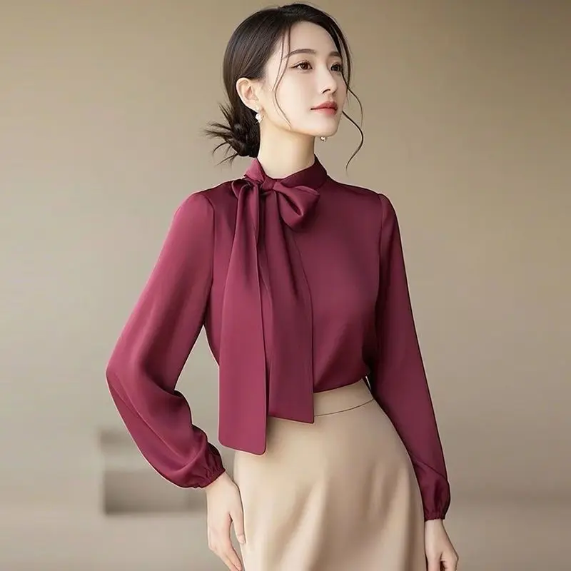 

Elegant Trend Lacing Bow Long Sleeve Blouse Autumn Ladies Temperament Solid Color Irregular Shirts Women Clothes Simplicity Tops
