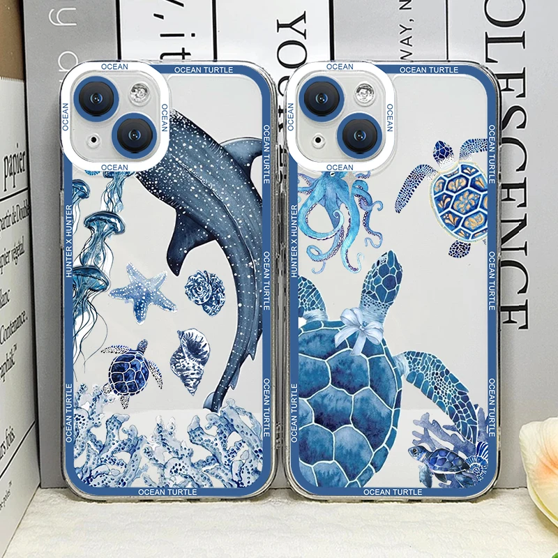 Cool Ocean Turtle Phone Case for IPhone 16 11 12 13 Pro Max Mini 7 8 Plus X XS XR Sea Blue Turtle Design Soft Clear Cover Fundas