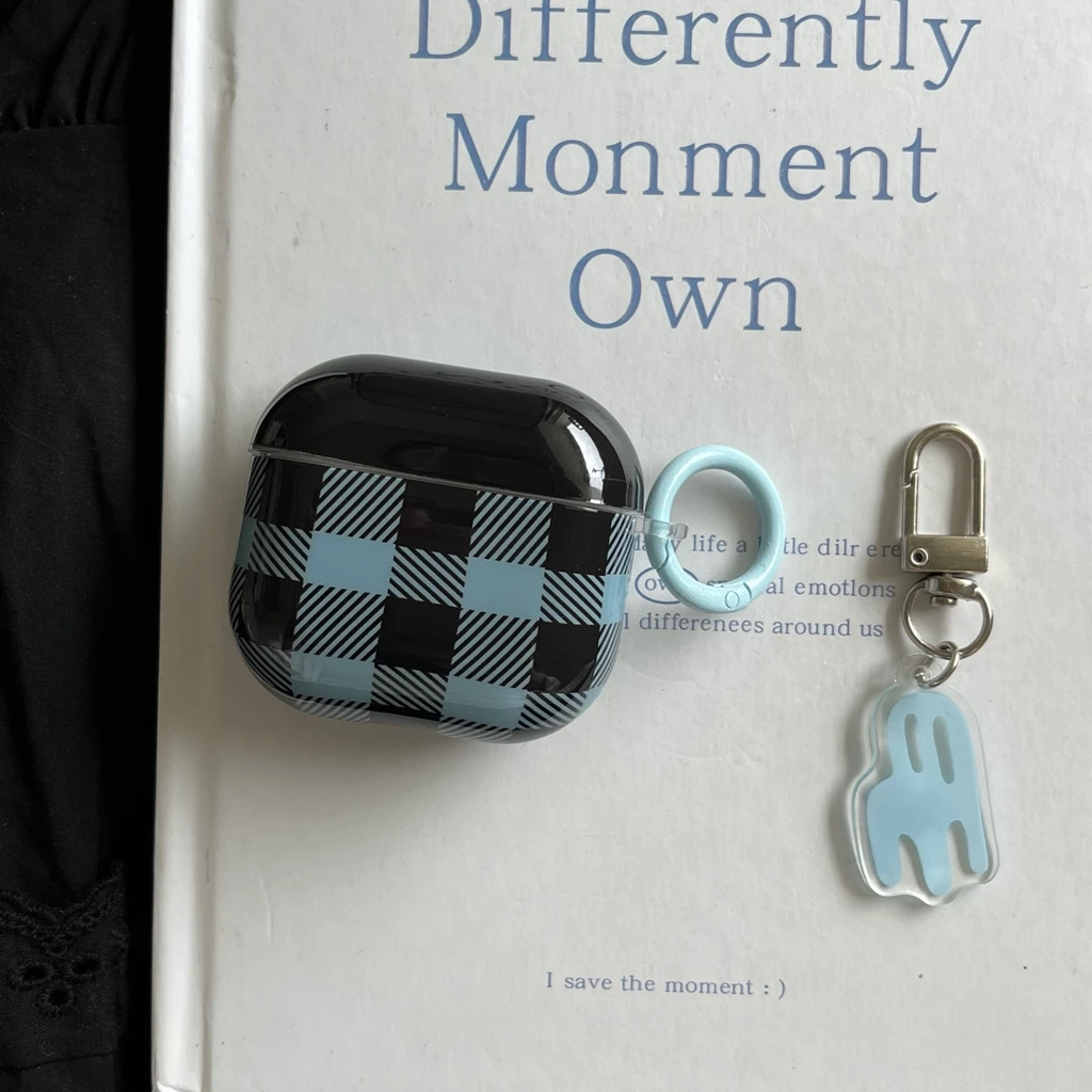 Retro Blue Black Grid Pattern Color Collision With Cute Little Chair Pendant Earphone Case Cover for AirPods 1 or 2 3 4  Pro 2