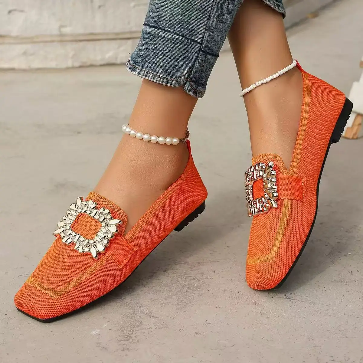 Spring Women's Flat Shoes New Knitting Sock Sneakers Breathable Slip on Female Loafers Plus Size 36-43 Fashion Buckle Flat Shoe view 6