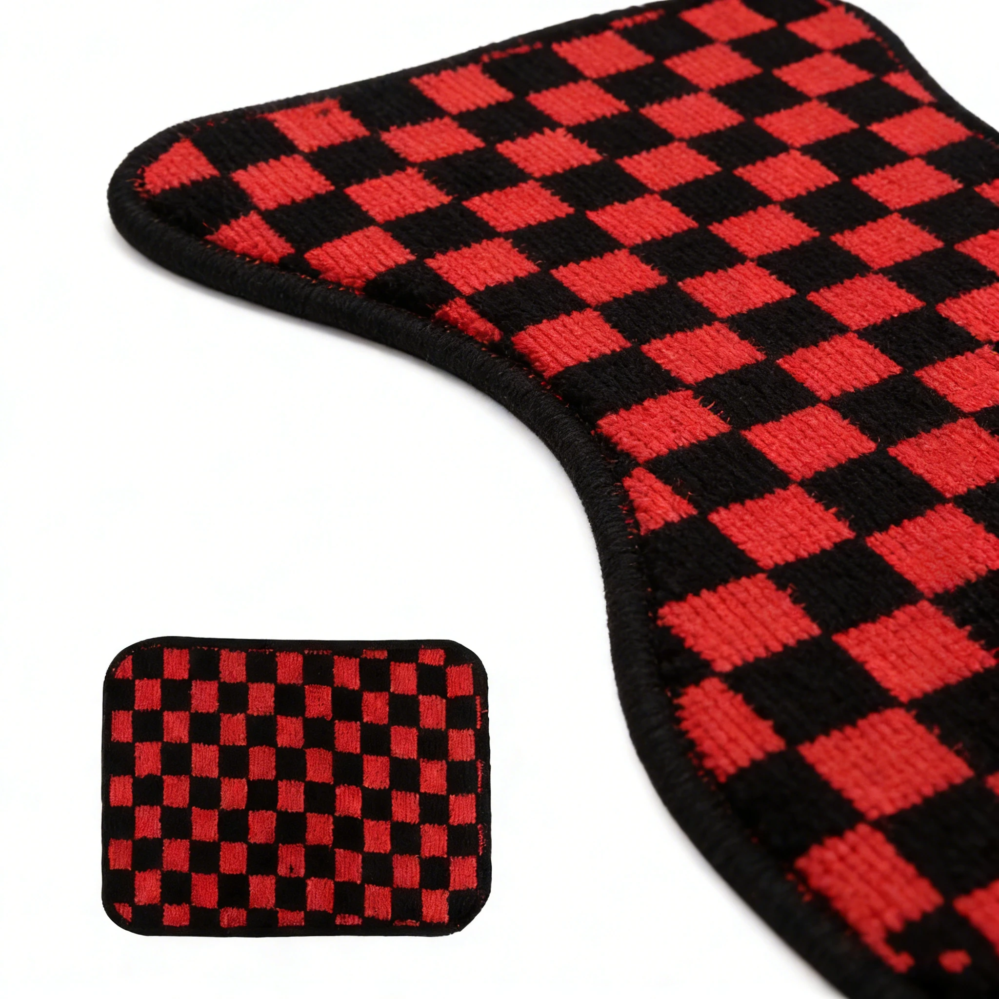 JDM Racing Plush Checkered Design Car Mats 4Pcs Universal Non-Slip Full Set Front Rear Carpets Vehicle Decor Rugs
