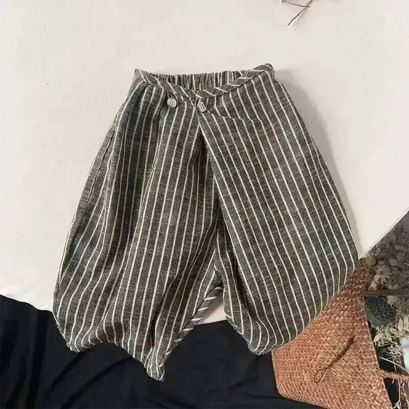 Frühling Sommer Kinderhosen 1-8 Jahre Jungen Mädchen Baumwolle Leinen Gestreifte Knöchellange Gerade Hosen Kleinkind-Unterteile für Kinderkleidung – Detail 3