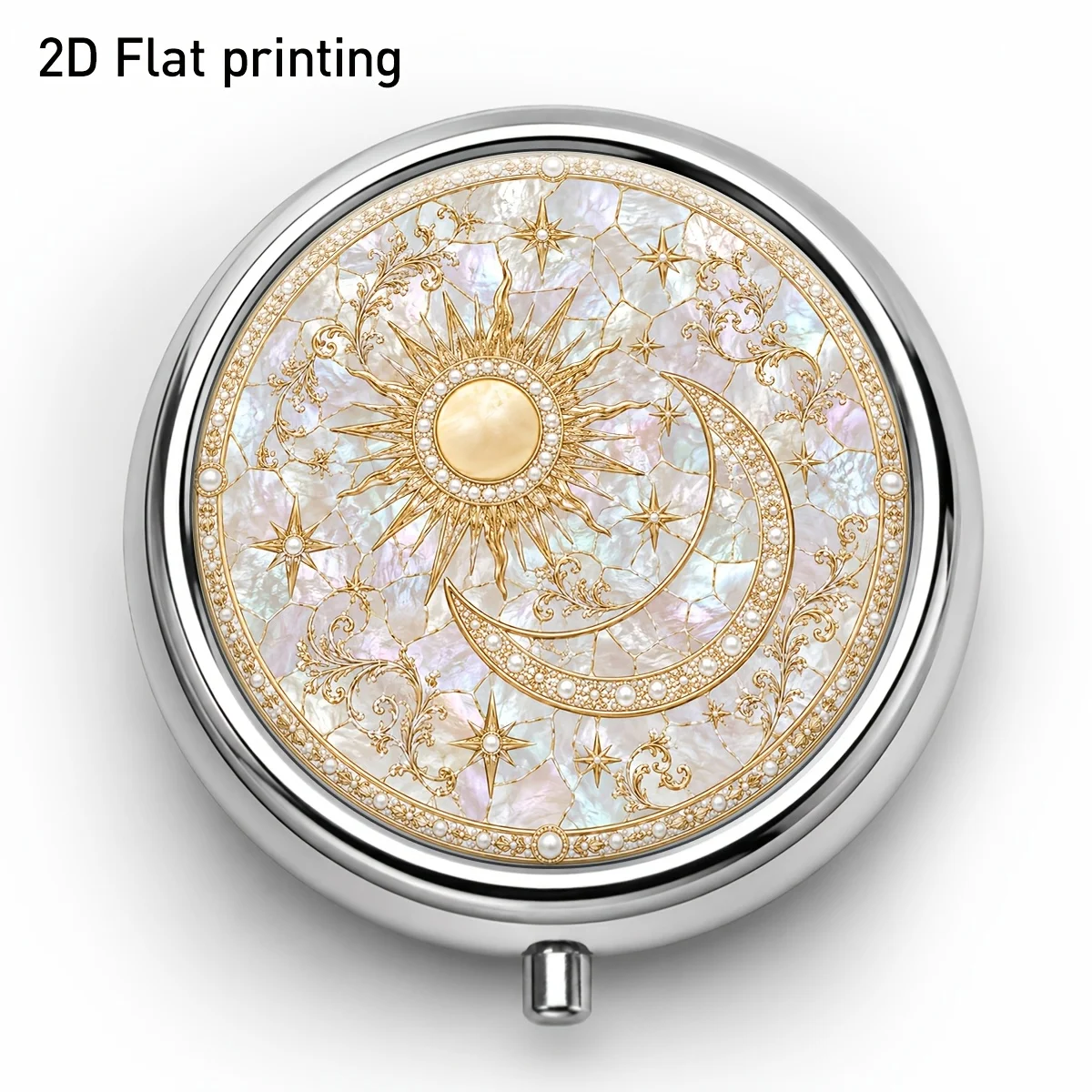 Single piece, flat print, round metal plated with platinum, featuring a moon and pattern design, three-compartment portable storage box. The divided design makes it easy to organize pills, vitamins, and small accessories. Size, suitable for travel and daily use, flat design
