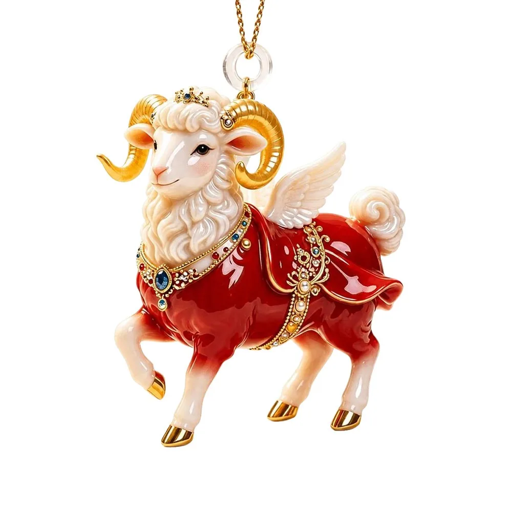 New 2D Flat Goat Hanging Ornament Acrylic Artificial Rhinestone Goat Pendant Simulation Shining Keychain Holiday Party Decor