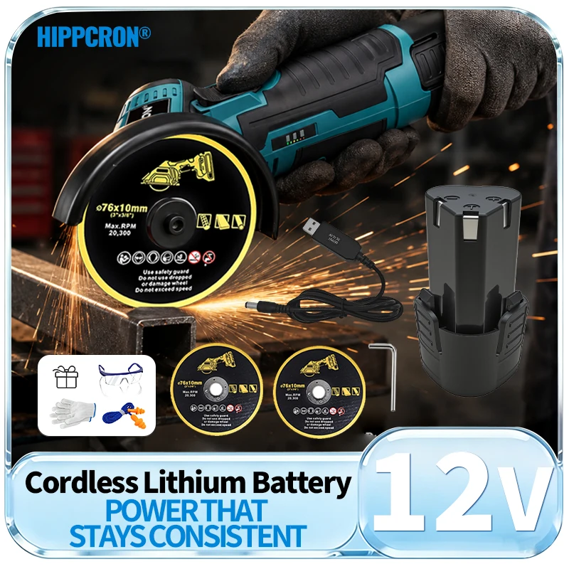 Hippcron 12V Electric Portable 19500 RPM Angle Grinder Cordless Polishing Mini Cutting Blade Lithium Battery Power 3 In1 Tools